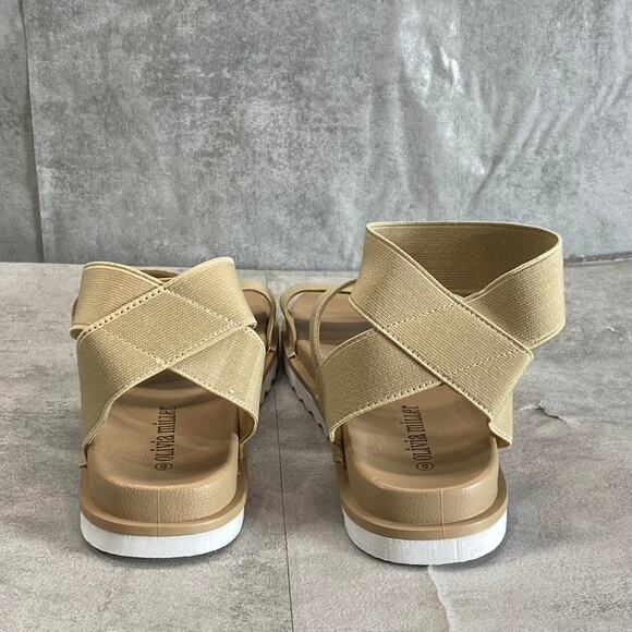 OLIVIA MILLER Women's Tan Nicola Round-Toe Stretchy Straps Slip-On Flat Sandals - Picture 6 of 10